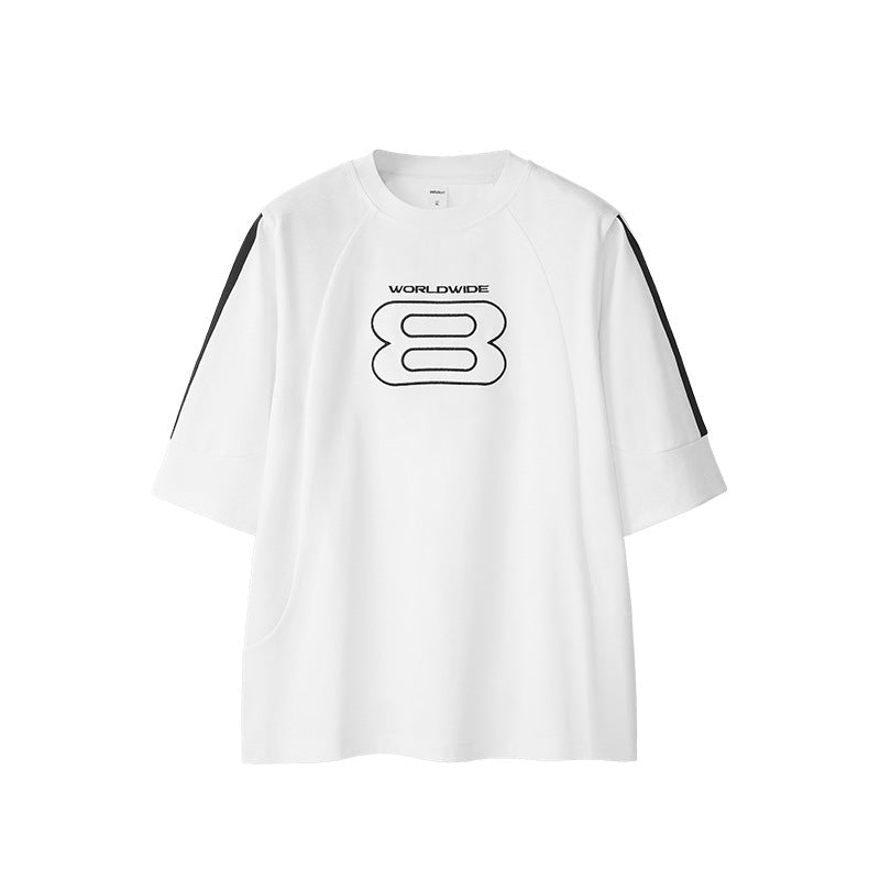 Stitching Sports Embroidery T-shirt American Style Loose Short Sleeve Beige Stitching Sports Embroidery T-shirt American Style Loose Short Sleeve - shop_name