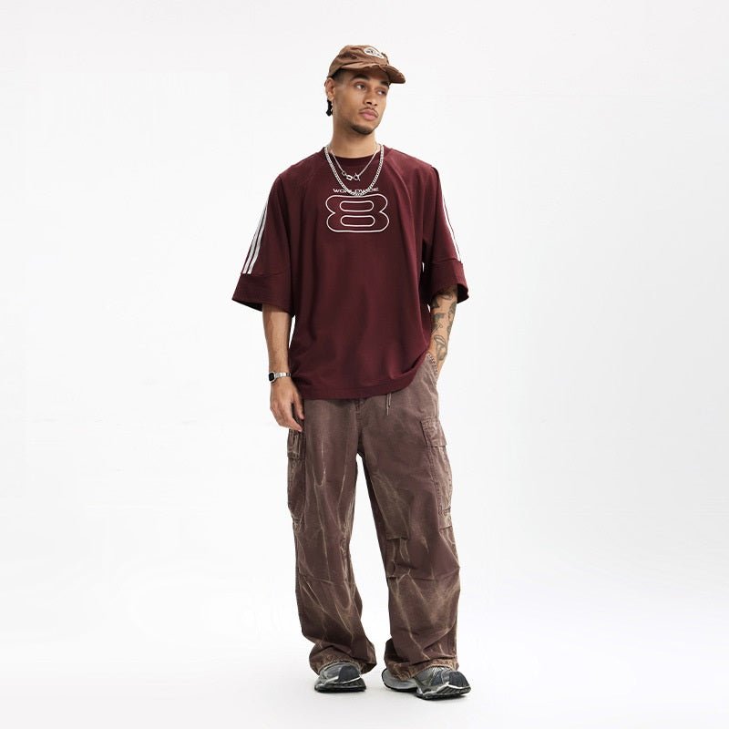 Stitching Sports Embroidery T-shirt American Style Loose Short Sleeve Beige Stitching Sports Embroidery T-shirt American Style Loose Short Sleeve - shop_name