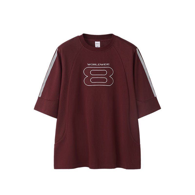 Stitching Sports Embroidery T-shirt American Style Loose Short Sleeve Dark Red Stitching Sports Embroidery T-shirt American Style Loose Short Sleeve - shop_name