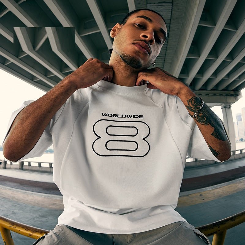 Stitching Sports Embroidery T-shirt American Style Loose Short Sleeve Beige Stitching Sports Embroidery T-shirt American Style Loose Short Sleeve - shop_name