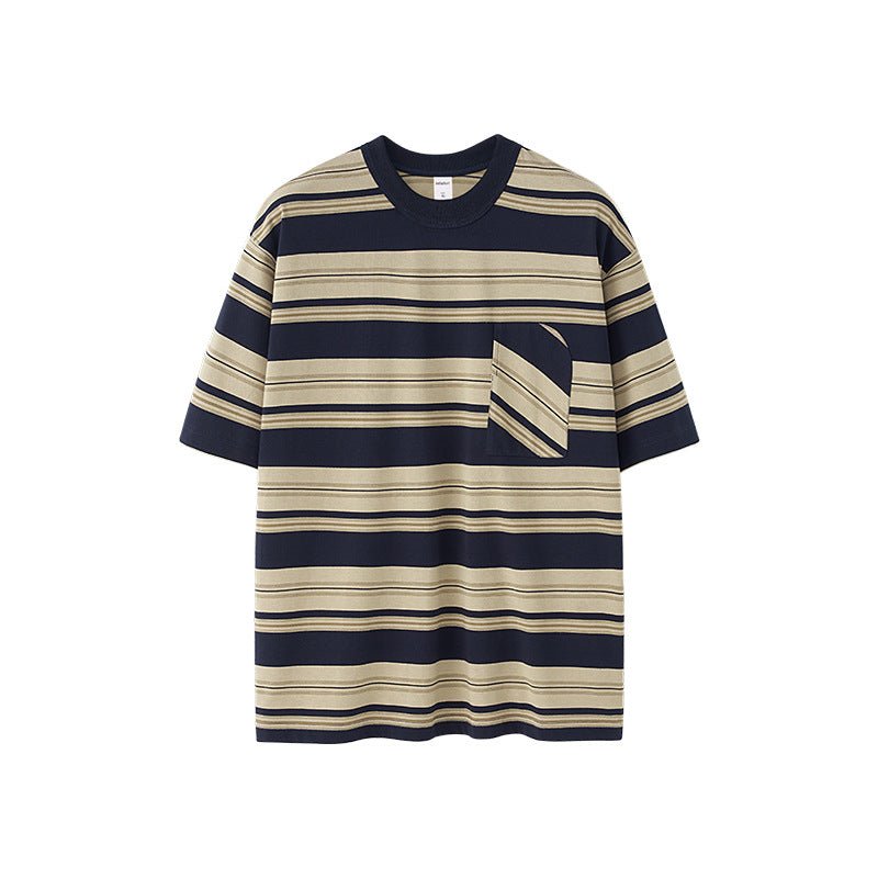 Striped Pocket T-shirt American Style Loose Short Sleeve Apricot Striped Pocket T-shirt American Style Loose Short Sleeve - shop_name