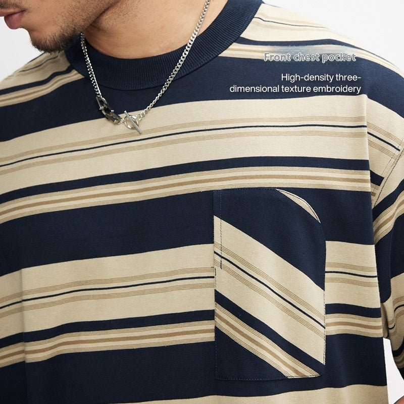 Striped Pocket T-shirt American Style Loose Short Sleeve Apricot Striped Pocket T-shirt American Style Loose Short Sleeve - shop_name