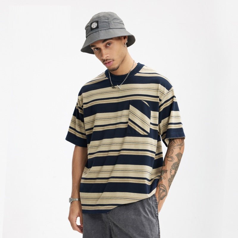 Striped Pocket T-shirt American Style Loose Short Sleeve Apricot Striped Pocket T-shirt American Style Loose Short Sleeve - shop_name