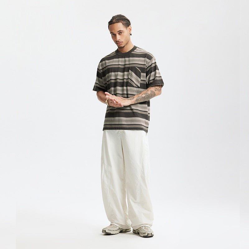 Striped Pocket T-shirt American Style Loose Short Sleeve Apricot Striped Pocket T-shirt American Style Loose Short Sleeve - shop_name