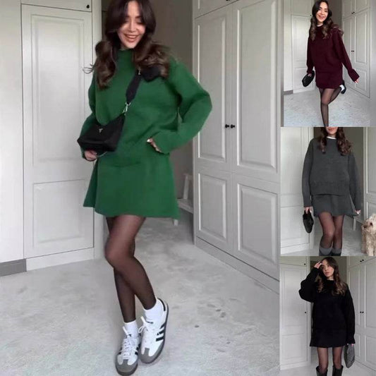 Sweater Skirt Sets For Women 2 Pieces Knit Casual Versatile Long Sleeve Pullover Elegant Solid High Waist Mini Skirt Outfit - Update Avenue 