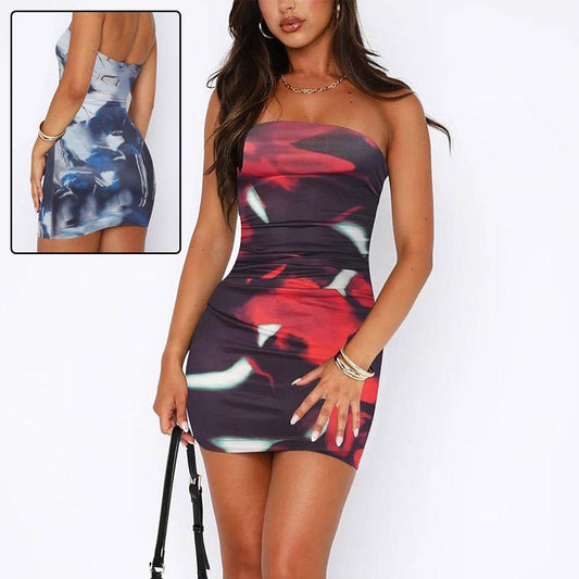Tube Top Printed Pleated Pullover Hip Wrap Short Dress - Update Avenue 