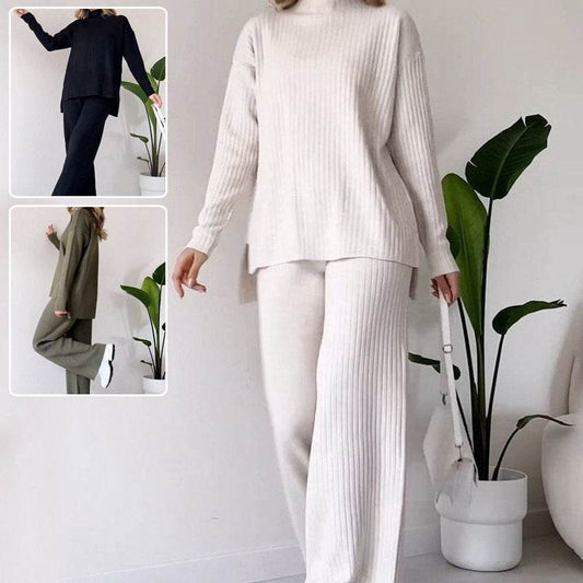 Turtleneck Knitted Suit Loose Split Design Long-sleeved Top And Straight Trousers Fashion Casual Solid Set Women's Clothing - Update Avenue 