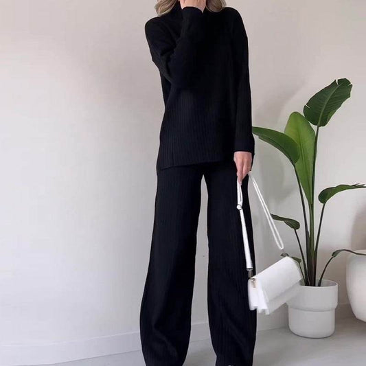 Turtleneck Knitted Suit Loose Split Design Long-sleeved Top And Straight Trousers Fashion Casual Solid Set Women's Clothing - Update Avenue 