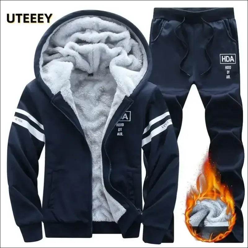 UETEEY Winter Tracksuit Men Sets Fleece Thicken Warm Cardigan Hoodies Pants Man Sport Running Hooded Jacket Male