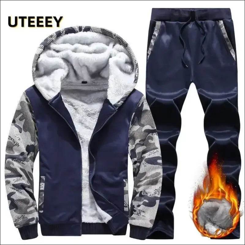UETEEY Winter Tracksuit Men Sets Fleece Thicken Warm Cardigan Hoodies Pants Man Sport Running Hooded Jacket Male