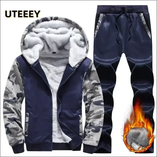 UETEEY Winter Tracksuit Men Sets Fleece Thicken Warm Cardigan Hoodies Pants Man Sport Running Hooded Jacket Male