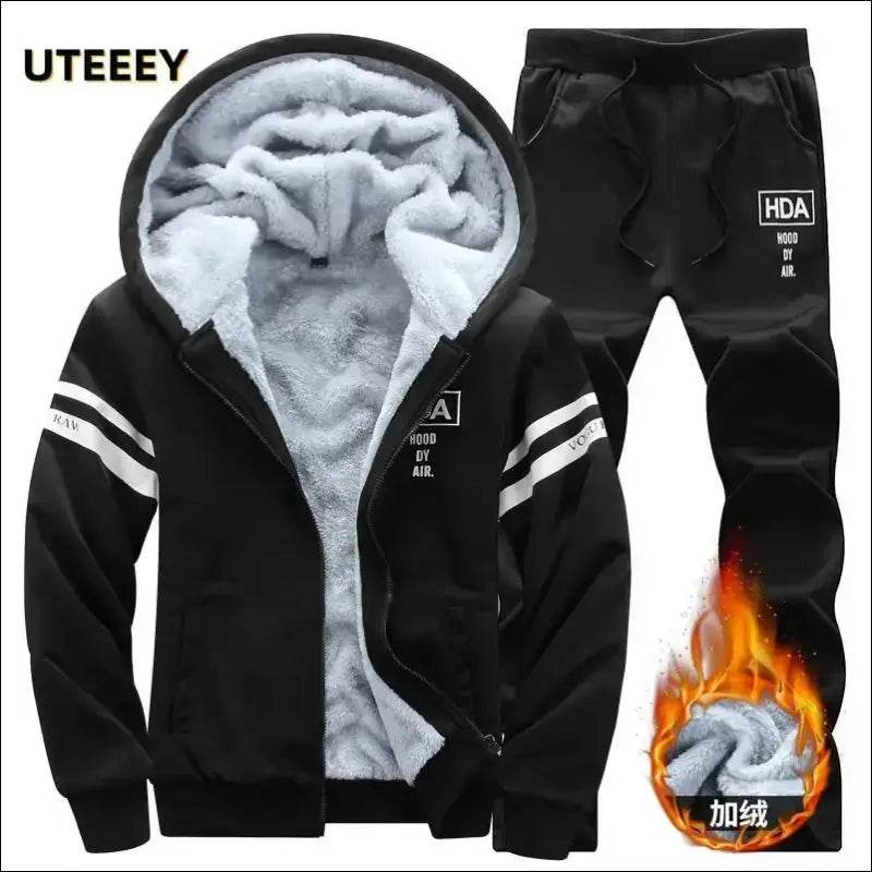 UETEEY Winter Tracksuit Men Sets Fleece Thicken Warm Cardigan Hoodies Pants Man Sport Running Hooded Jacket Male