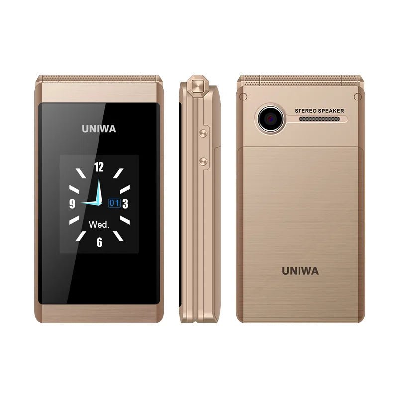 UNIWA X28 Dual Screen Flip Phone Senior Mobile with Big Buttons SOS Long Battery Life Dual SIM Card Supports GSM Gold UNIWA X28 Dual Screen Flip Phone Senior Mobile with Big Buttons SOS Long Battery Life Dual SIM Card Supports GSM - shop_name