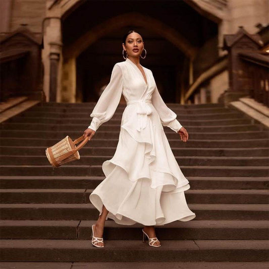 V-neck Prom Dress Long Sleeve Ruffles Long Prom Dress Elegant Dresses For Women White Satin Dress Layered Woman Clothes Casual - Update Avenue 