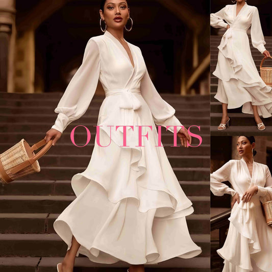 V-neck Prom Dress Long Sleeve Ruffles Long Prom Dress Elegant Dresses For Women White Satin Dress Layered Woman Clothes Casual - Update Avenue 