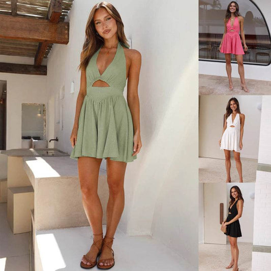 Vintage Women Hollow Out Short Dress Summer V-neck Halter Dress Sleeveless Mini Dresses Backless Holiday Beach Sundress Vestidos - Update Avenue 