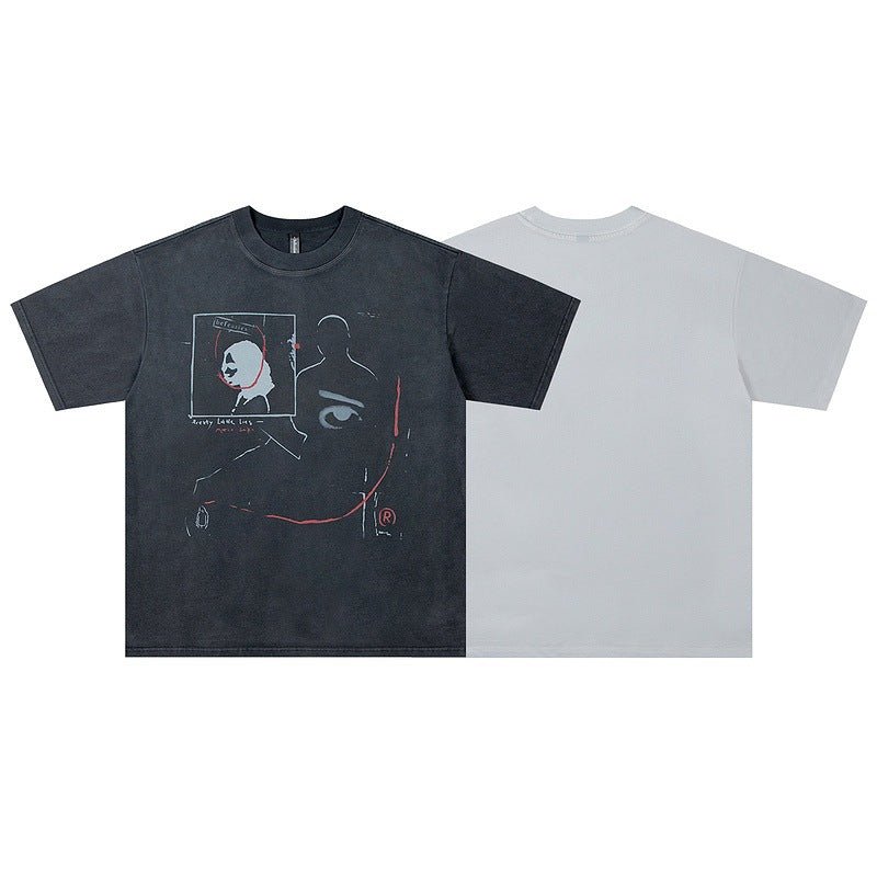 Washed And Worn Design Faded Illusory Face Print Short Sleeve Loose Black Washed And Worn Design Faded Illusory Face Print Short Sleeve Loose - shop_name