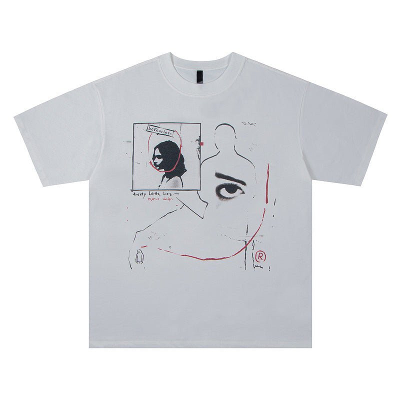 Washed And Worn Design Faded Illusory Face Print Short Sleeve Loose Black Washed And Worn Design Faded Illusory Face Print Short Sleeve Loose - shop_name