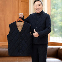Winter Dads Cotton Padded Jacket And Pants Set mens quilted cardigan jacket with matching pants and vest, warm wool lining
