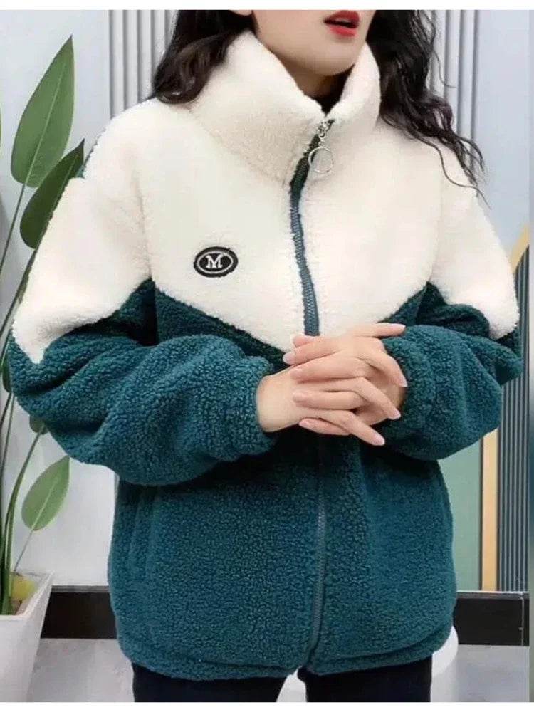 Women Jacket Colored Thickened Lamb Fleece Long Sleeve Mid Length Overcoat Warm Topcoat Quilted Top Autumn Winter Overgarmen - Update Avenue 
