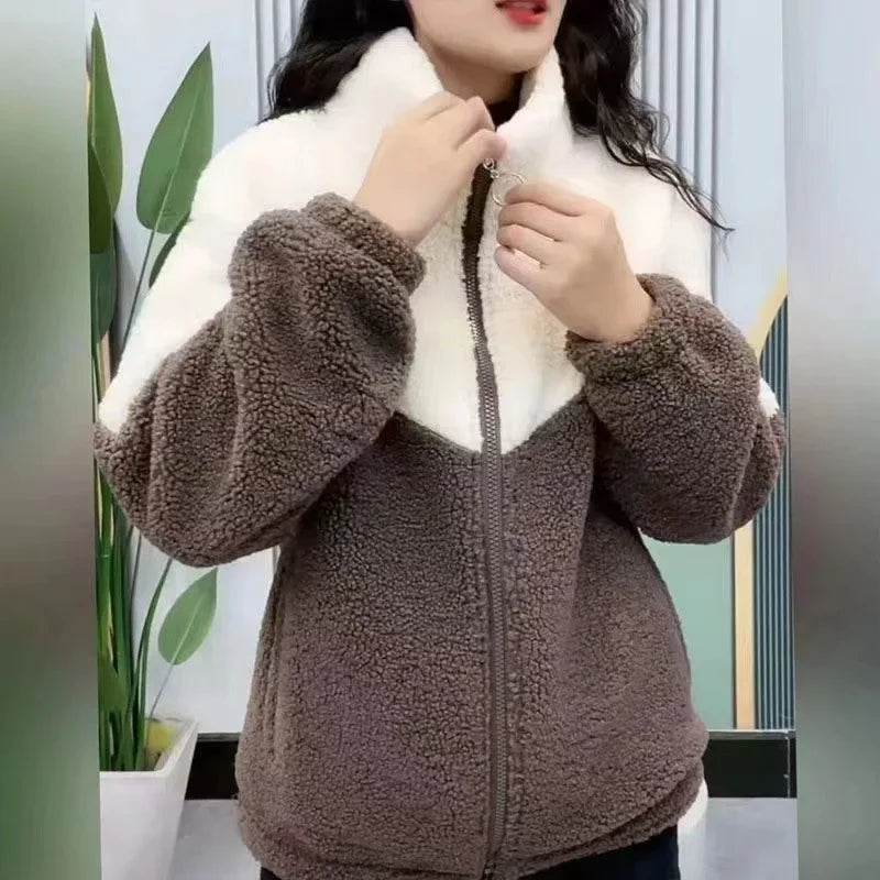 Women Jacket Colored Thickened Lamb Fleece Long Sleeve Mid Length Overcoat Warm Topcoat Quilted Top Autumn Winter Overgarmen - Update Avenue 