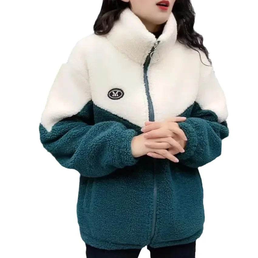 Women Jacket Colored Thickened Lamb Fleece Long Sleeve Mid Length Overcoat Warm Topcoat Quilted Top Autumn Winter Overgarmen - Update Avenue 