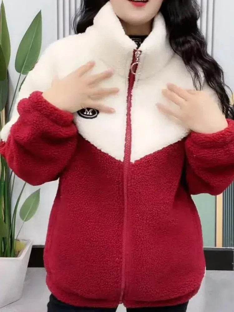 Women Jacket Colored Thickened Lamb Fleece Long Sleeve Mid Length Overcoat Warm Topcoat Quilted Top Autumn Winter Overgarmen - Update Avenue 