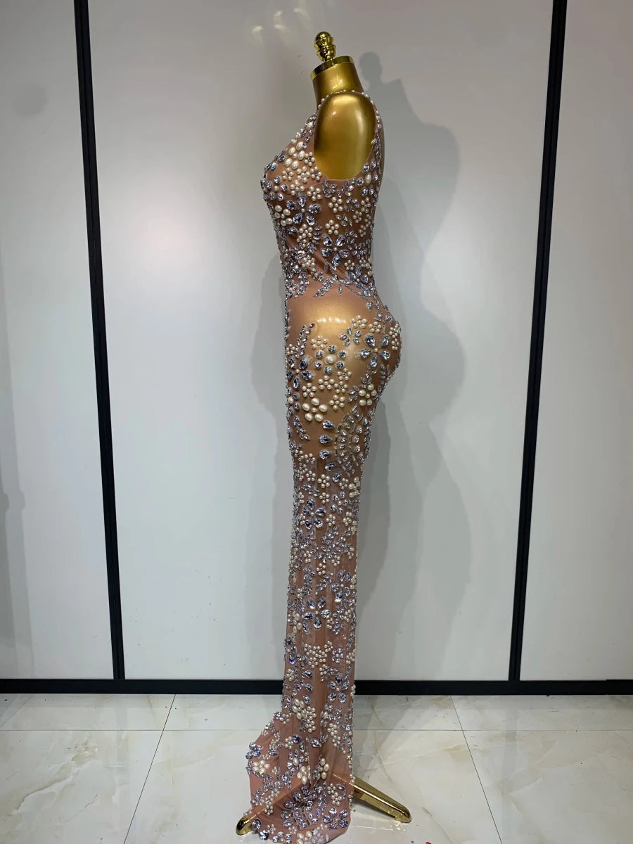Women Lxury Diamonds Mesh See Through Long Dress Celebrity Elegant Evening Party Fancy Club Dress Singer Performance Costume Khaki Women Lxury Diamonds Mesh See Through Long Dress Celebrity Elegant Evening Party Fancy Club Dress Singer Performance Costume - shop_name