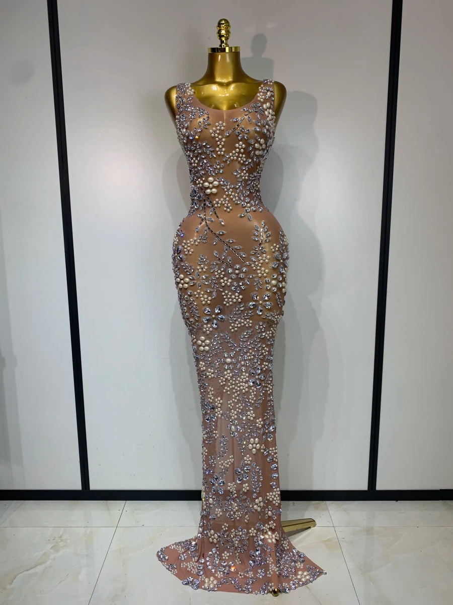 Women Lxury Diamonds Mesh See Through Long Dress Celebrity Elegant Evening Party Fancy Club Dress Singer Performance Costume Khaki Women Lxury Diamonds Mesh See Through Long Dress Celebrity Elegant Evening Party Fancy Club Dress Singer Performance Costume - shop_name
