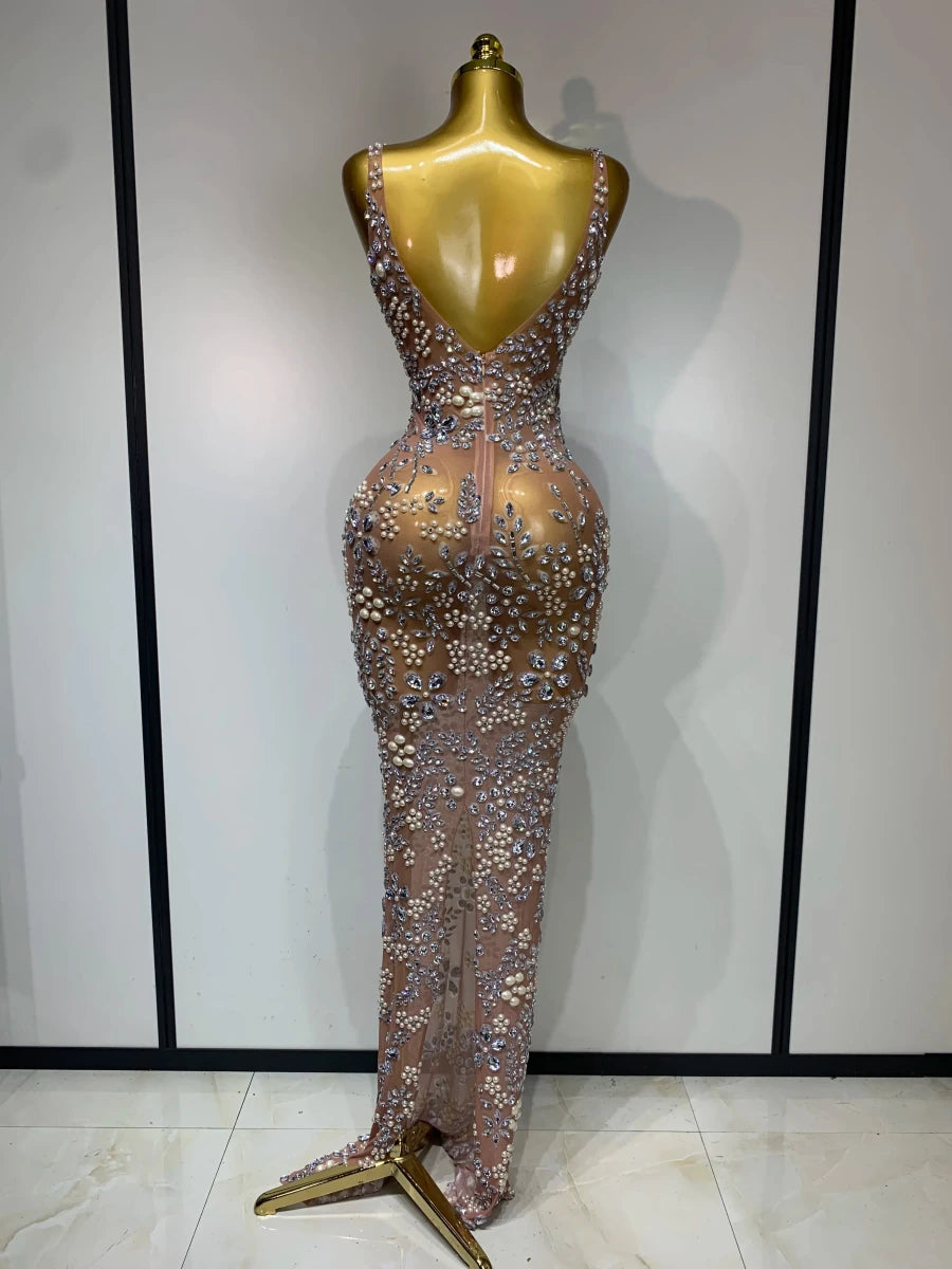Women Lxury Diamonds Mesh See Through Long Dress Celebrity Elegant Evening Party Fancy Club Dress Singer Performance Costume Khaki Women Lxury Diamonds Mesh See Through Long Dress Celebrity Elegant Evening Party Fancy Club Dress Singer Performance Costume - shop_name