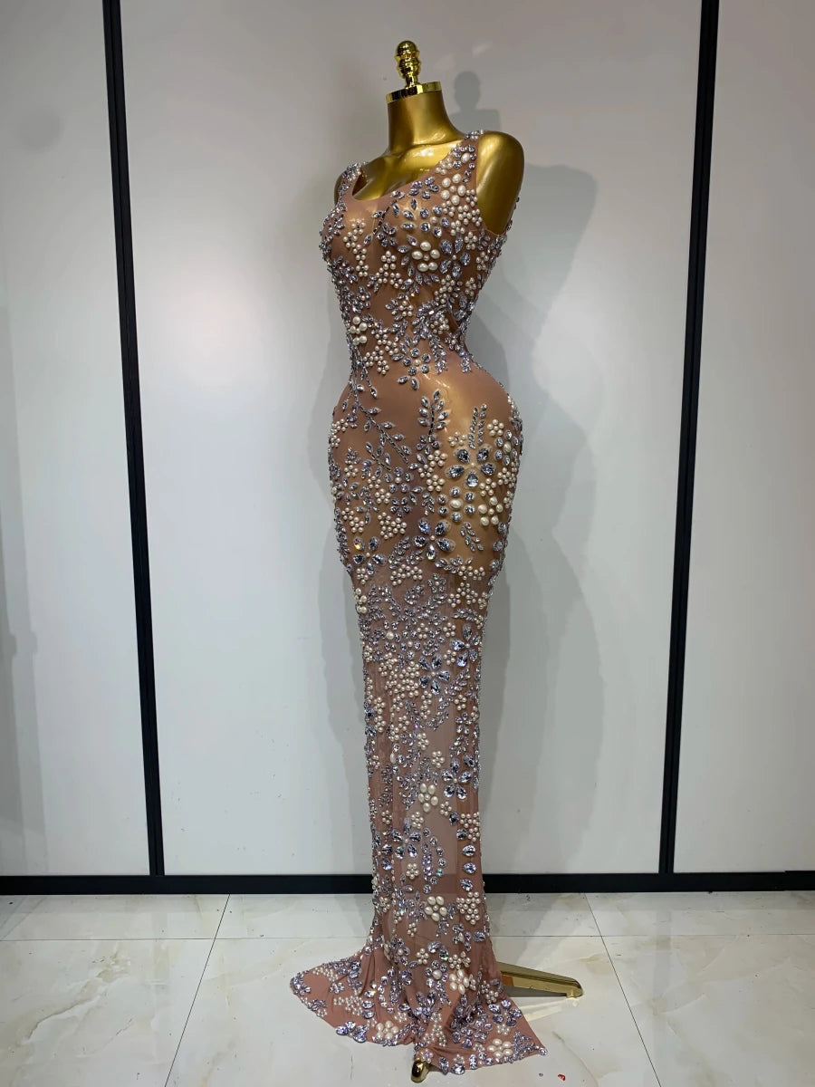 Women Lxury Diamonds Mesh See Through Long Dress Celebrity Elegant Evening Party Fancy Club Dress Singer Performance Costume Khaki Women Lxury Diamonds Mesh See Through Long Dress Celebrity Elegant Evening Party Fancy Club Dress Singer Performance Costume - shop_name