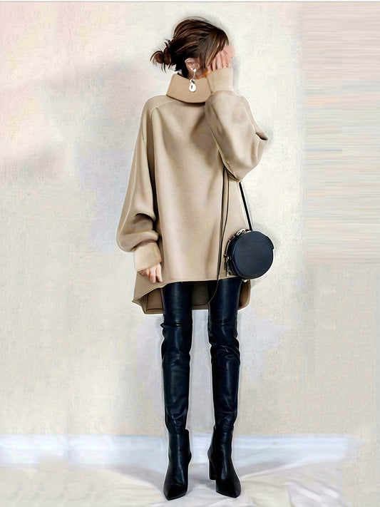 Women's Casual Longline Turtleneck Sweatshirt - Soft, Solid Color Beige, Asymmetrical Hem, Long Sleeve, Loose Fit, Spring Collection, Minimalist Style, Machine Washable, Relaxed Fit Top | Minimalist Sweatshirt | Knitwear - Update Avenue 