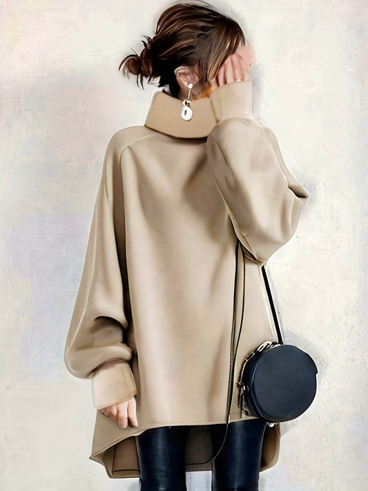 Women's Casual Longline Turtleneck Sweatshirt - Soft, Solid Color Beige, Asymmetrical Hem, Long Sleeve, Loose Fit, Spring Collection, Minimalist Style, Machine Washable, Relaxed Fit Top | Minimalist Sweatshirt | Knitwear - Update Avenue 