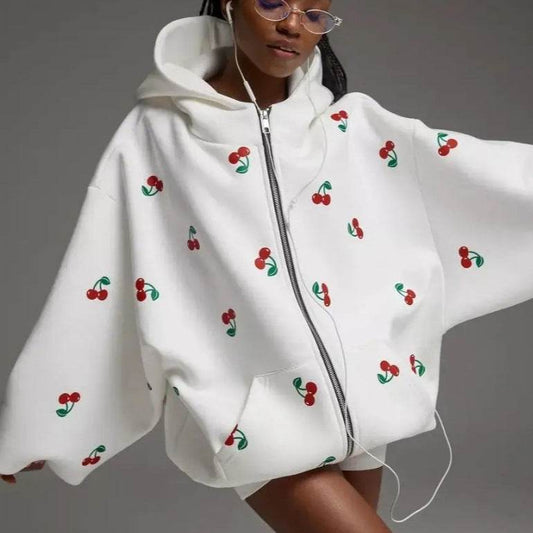 Women's Cherry Print Zip Hoodie - Update Avenue 