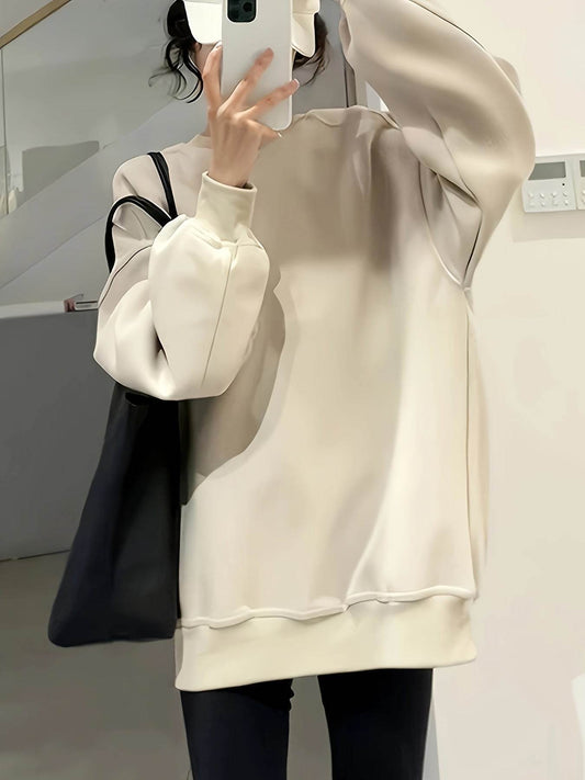 Women's Cotton Solid Color Crew Neck Sweatshirt - Casual Oversized Long Sleeve Pullover for Fall/Winter, Asian Style Knit Fabric MQ3184 - Update Avenue 