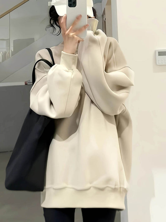 Women's Cotton Solid Color Crew Neck Sweatshirt - Casual Oversized Long Sleeve Pullover for Fall/Winter, Asian Style Knit Fabric MQ3184 - Update Avenue 