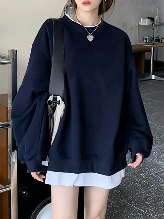 Women's Navy Blue Oversized Long Sleeve Sweatshirt - Loose Fit, Round Neck, Solid Color Pullover for Fall/Winter, Casual Casual Attire, Classic Sweater for Ladies - Update Avenue 