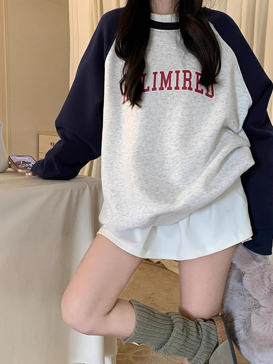 Women's Oversized Blend Sweatshirt - Casual Long Sleeve Pullover with "LIMIT" Print, Navy & Two-Tone Design, Knit Fabric for Fall/Winter Comfort, Everyday Sweatshirt | Casual Chic Style | Comfortable Fashion - Update Avenue 