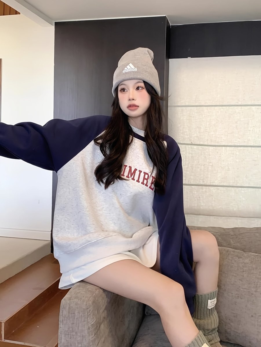 Women's Oversized Blend Sweatshirt - Casual Long Sleeve Pullover with "LIMIT" Print, Navy & Two-Tone Design, Knit Fabric for Fall/Winter Comfort, Everyday Sweatshirt | Casual Chic Style | Comfortable Fashion - Update Avenue 
