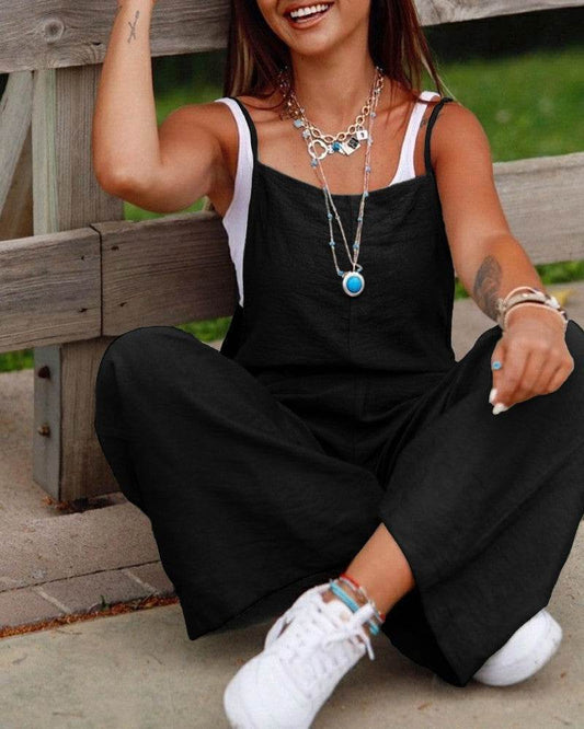 Women's Sleeveless Jumpsuit With Pockets And Adjustable Shoulder Strap Fashion Loose Wide Leg Straight Overalls Summer Beach Trousers - Update Avenue 
