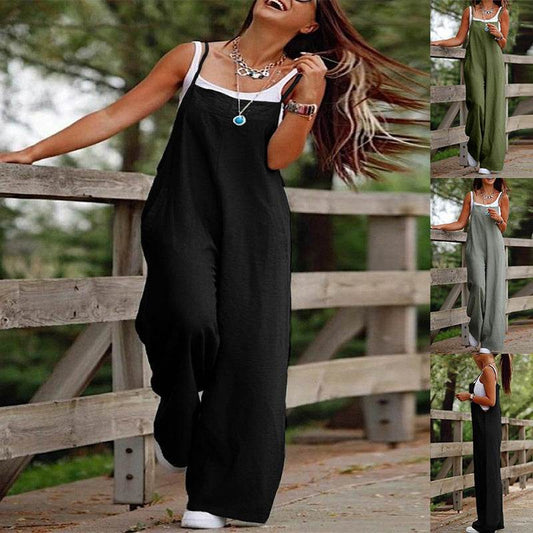 Women's Sleeveless Jumpsuit With Pockets And Adjustable Shoulder Strap Fashion Loose Wide Leg Straight Overalls Summer Beach Trousers - Update Avenue 