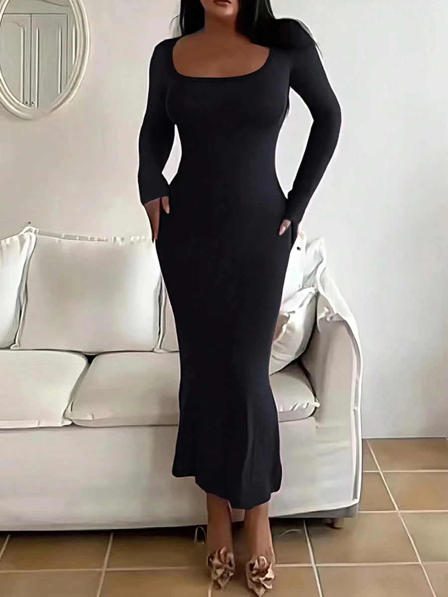 Women's Solid Long Sleeve Bodycon Dress, Chic Basic Minimalist Causual Fashion Scoop Neck Long Dress, Womenswear black Women's Solid Long Sleeve Bodycon Dress, Chic Basic Minimalist Causual Fashion Scoop Neck Long Dress, Womenswear - shop_name