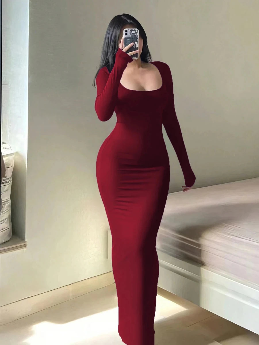 Women's Solid Long Sleeve Bodycon Dress, Chic Basic Minimalist Causual Fashion Scoop Neck Long Dress, Womenswear Claret Women's Solid Long Sleeve Bodycon Dress, Chic Basic Minimalist Causual Fashion Scoop Neck Long Dress, Womenswear - shop_name