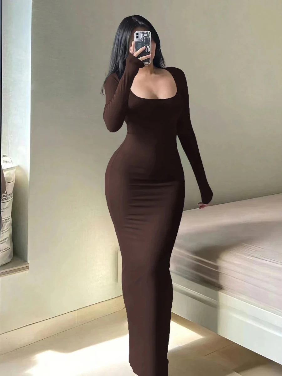 Women's Solid Long Sleeve Bodycon Dress, Chic Basic Minimalist Causual Fashion Scoop Neck Long Dress, Womenswear Brown Women's Solid Long Sleeve Bodycon Dress, Chic Basic Minimalist Causual Fashion Scoop Neck Long Dress, Womenswear - shop_name