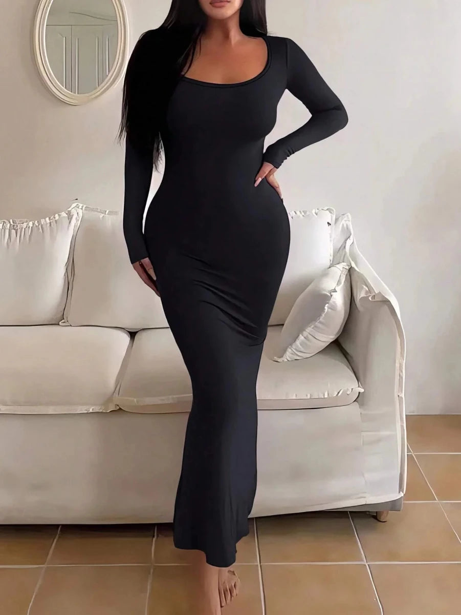Women's Solid Long Sleeve Bodycon Dress, Chic Basic Minimalist Causual Fashion Scoop Neck Long Dress, Womenswear black Women's Solid Long Sleeve Bodycon Dress, Chic Basic Minimalist Causual Fashion Scoop Neck Long Dress, Womenswear - shop_name