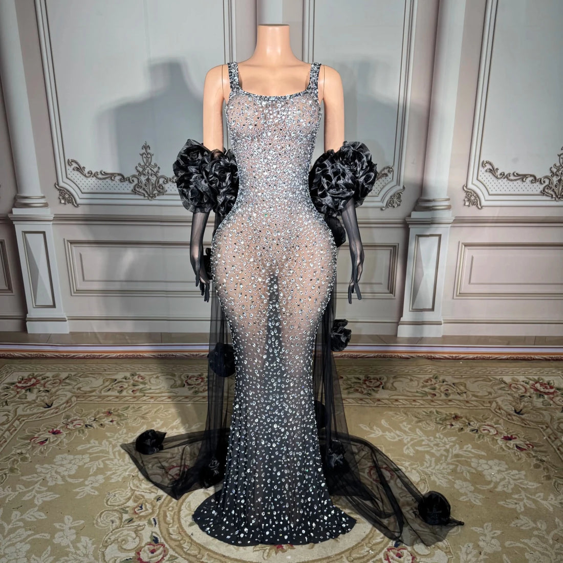 ZD High - End Crystal Beaded Sheer Maxi Dress with Black Rose Sleeves Through Rhinestone Maxi Dress Luxury Evening Gown Black ZD High - End Crystal Beaded Sheer Maxi Dress with Black Rose Sleeves Through Rhinestone Maxi Dress Luxury Evening Gown - shop_name