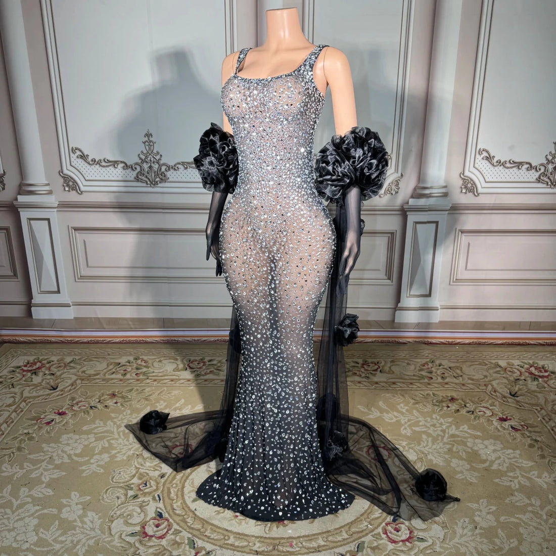 ZD High - End Crystal Beaded Sheer Maxi Dress with Black Rose Sleeves Through Rhinestone Maxi Dress Luxury Evening Gown Black ZD High - End Crystal Beaded Sheer Maxi Dress with Black Rose Sleeves Through Rhinestone Maxi Dress Luxury Evening Gown - shop_name