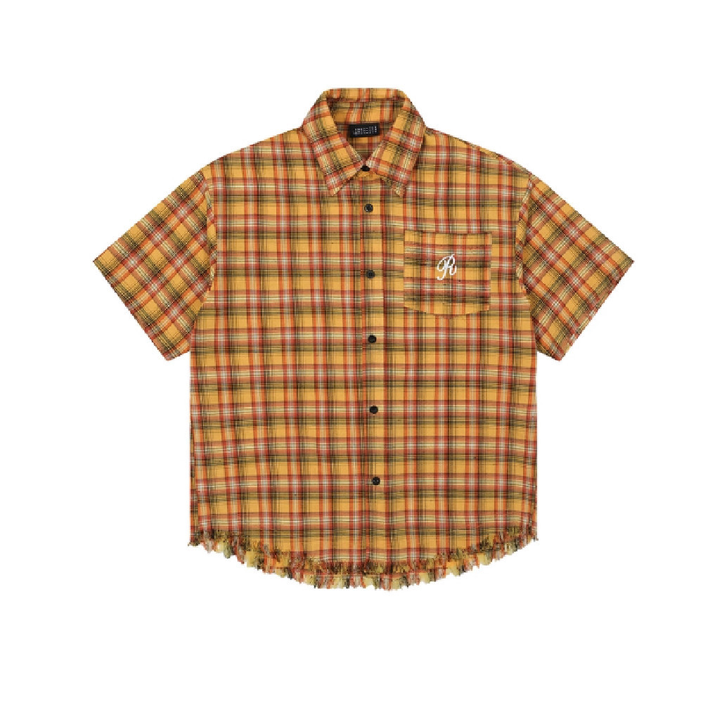 Embroidery Yellow Short Sleeve Plaid Shirt