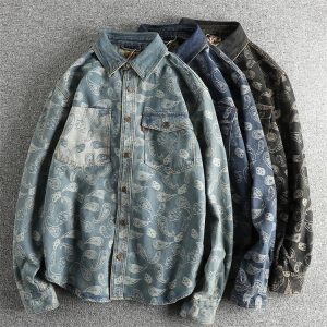 Yarn-dyed Paisley Pattern Mild Luxury Retro American Denim Long Sleeve Shirt