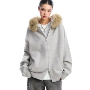 Detachable Fur Collar Hood Sweater Women's Coat